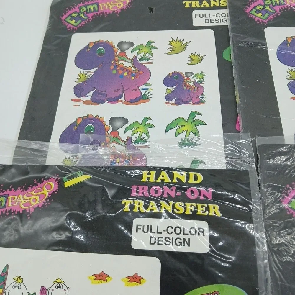 Vintage 80s Iron-on Transfer Sheets Colorful Cartoon & Dinosaurs 4pk Sealed